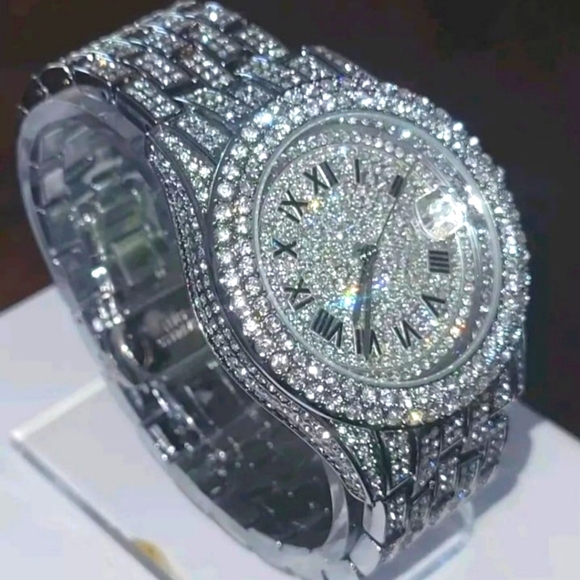 Men's Full Ice Hip Hop Bling Simulated Diamond Steel Band Watch with Day Display - Picture 11 of 12
